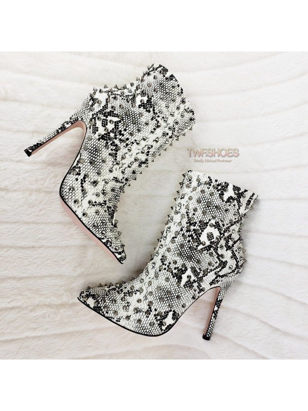 Passion Off White Black Snake Spiked 4.5" High Heel Ankle Boots